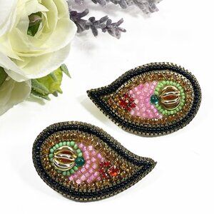 VINTAGE M & J HANSEN DESIGN Pink Green Beaded Clip-On Earrings Signed